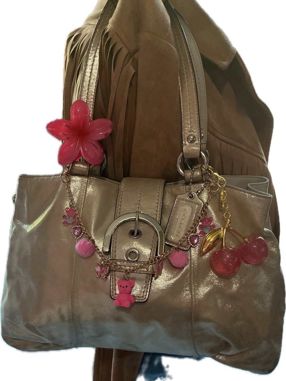 Coach Metallic Taupe Satchel with Pink Charm Accents